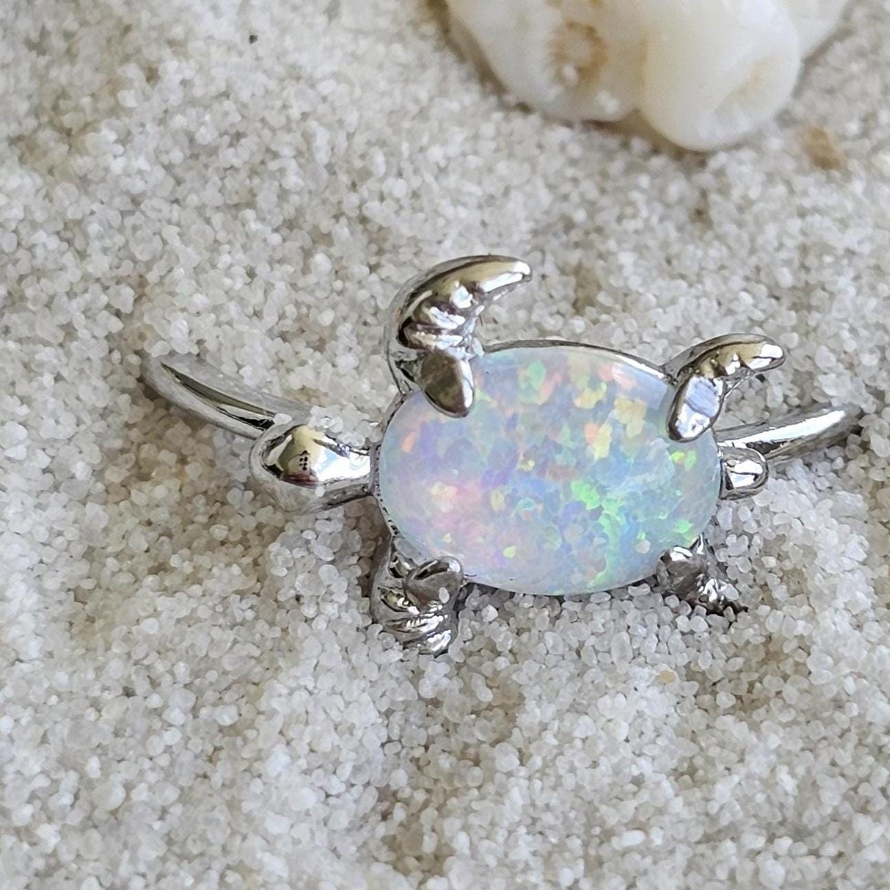 Sea Turtle Ring Silver White Opal