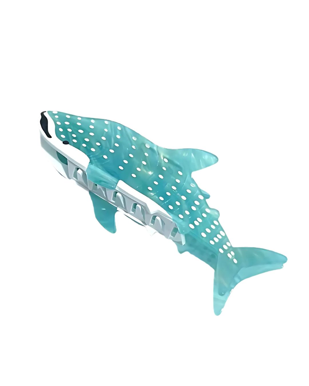 Teal shark-shaped pool float on a white background