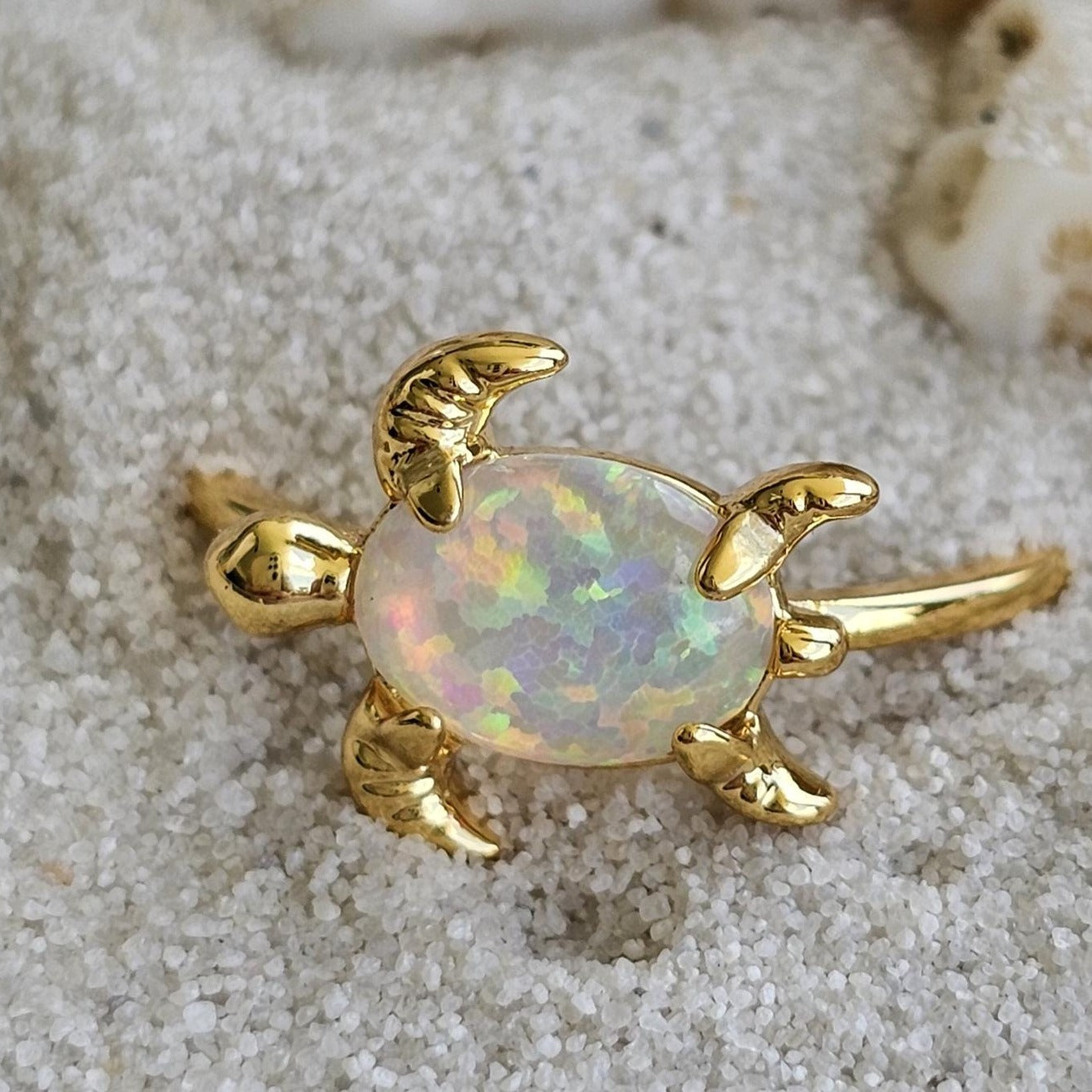 White Opal Turtle Ring - gold plated