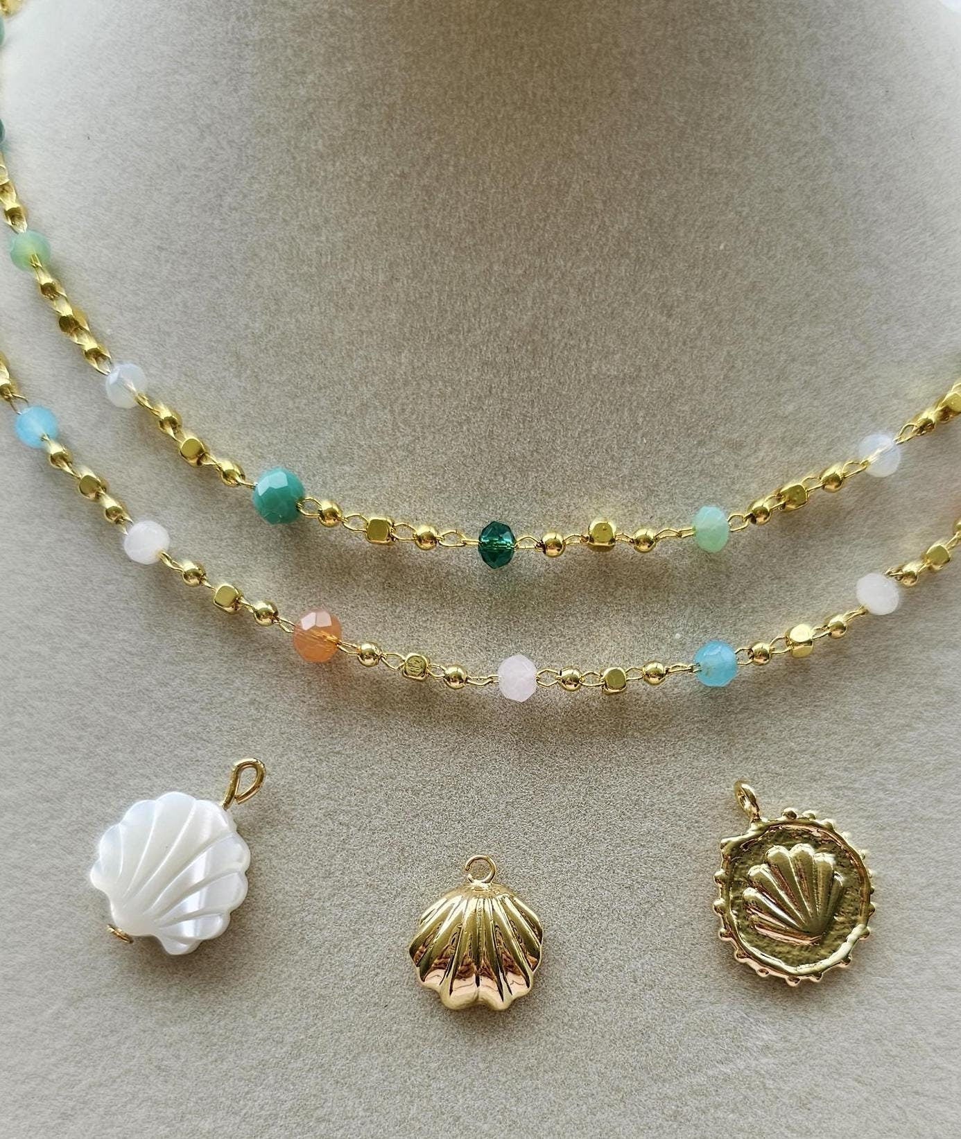 Summer is forever, shell Charm Necklace, Gift for Beach and Ocean, SCUBA, Surfer Jewelry, Mother of Pearl, seashell, gold plated charms