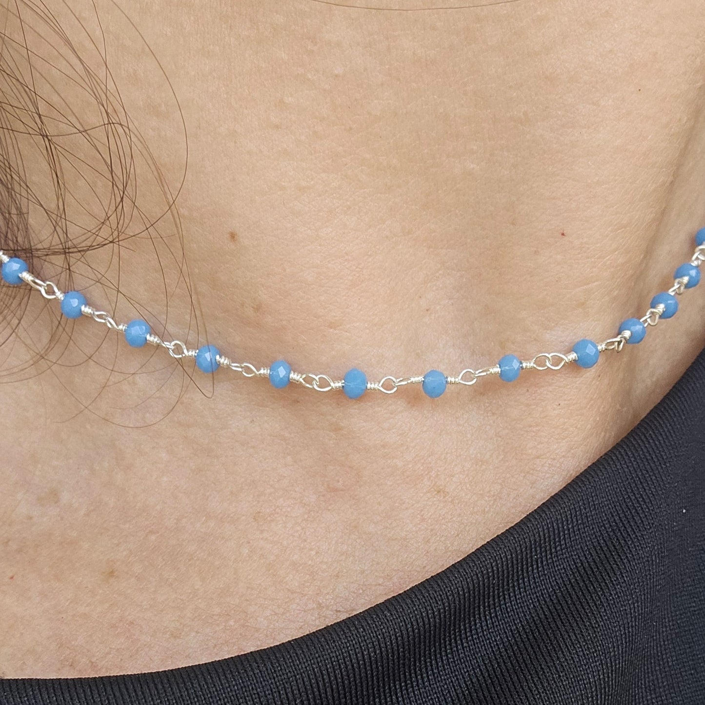 Silver Blue Rosary Bead Necklace