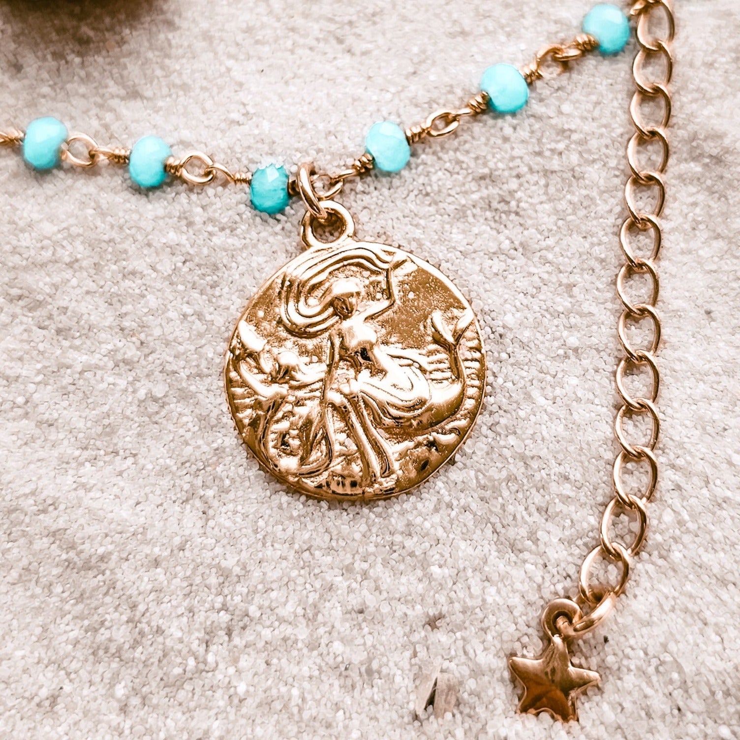 Mermaid Coin pendant in teal and gold rosarychain